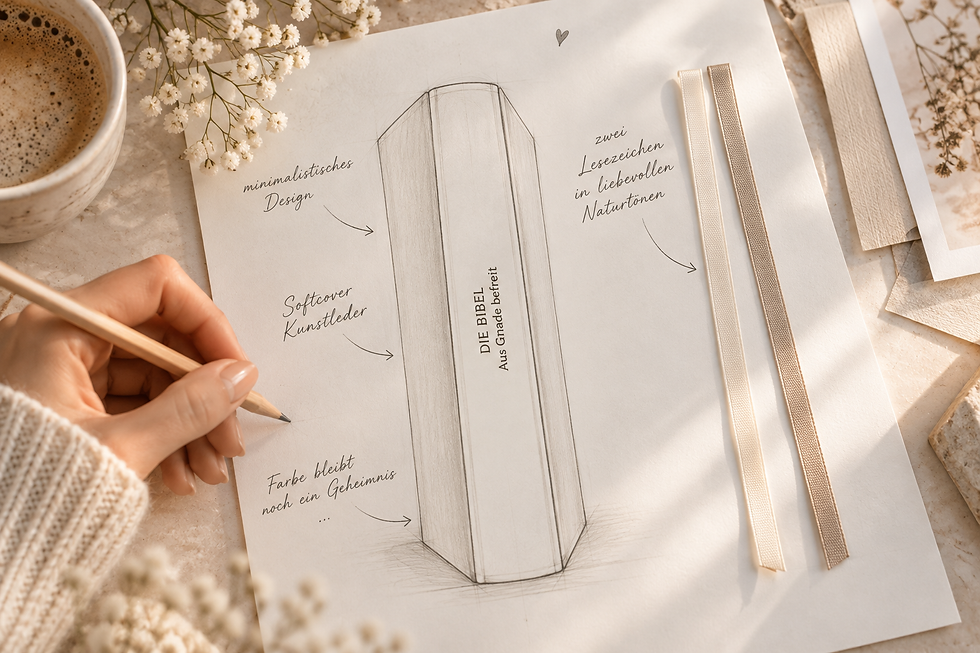Skizze der neuen BibelSchönheit Schreibrandbibel „Aus Gnade befreit“ mit minimalistischem Design und verdeckter Coverfarbe.