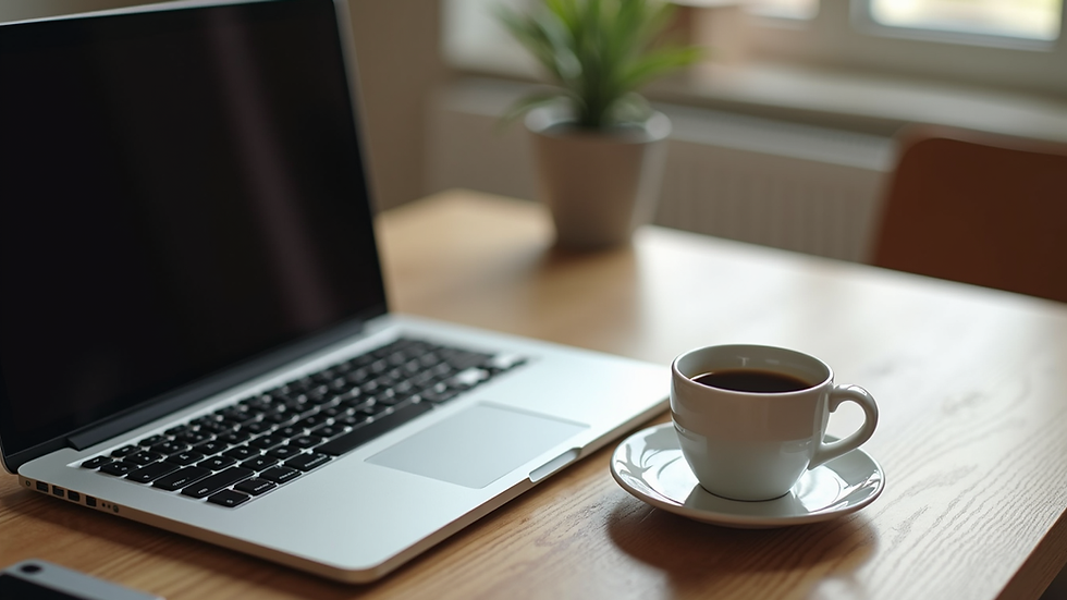 High angle view of a laptop and coffee cup on a desk, ready for online Croatian course