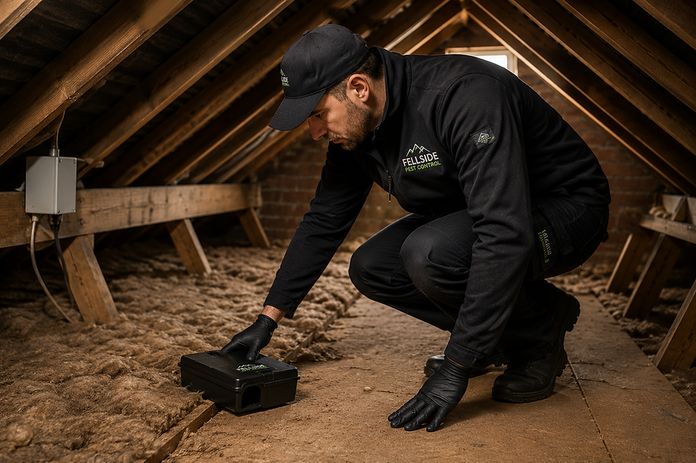 Fellside Pest Control Lancashire placing a rodent bait station in an attic.