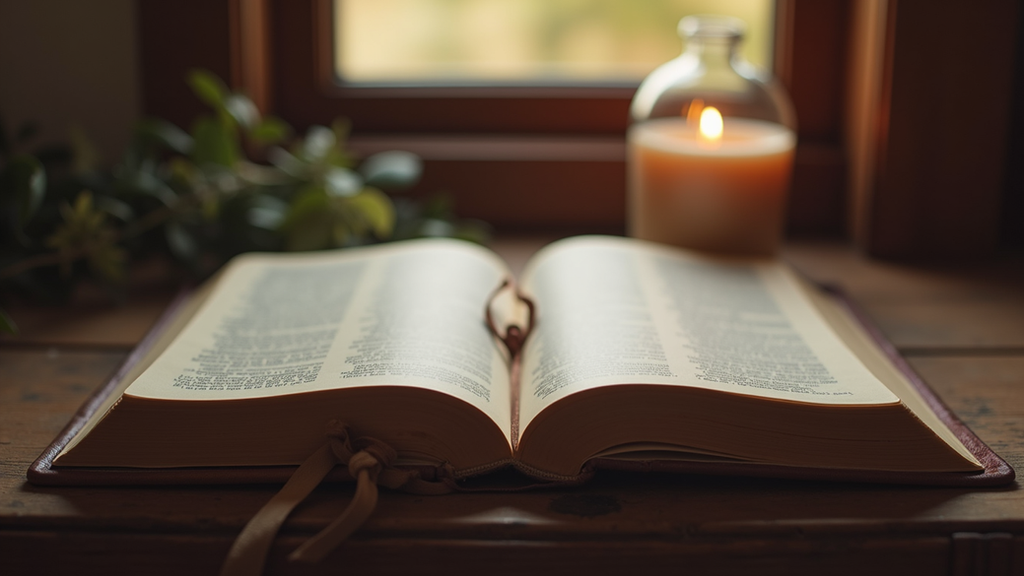 Eye-level view of a cozy reading nook with a Bible and journal
