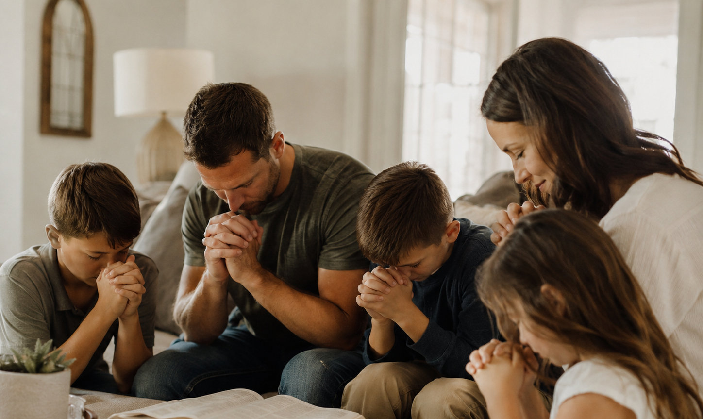 Eye-level view of a family sitting in a circle holding hands in a cozy living room