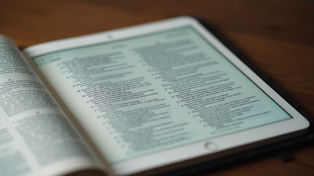 Close-up view of a tablet displaying a Bible study app with highlighted verses