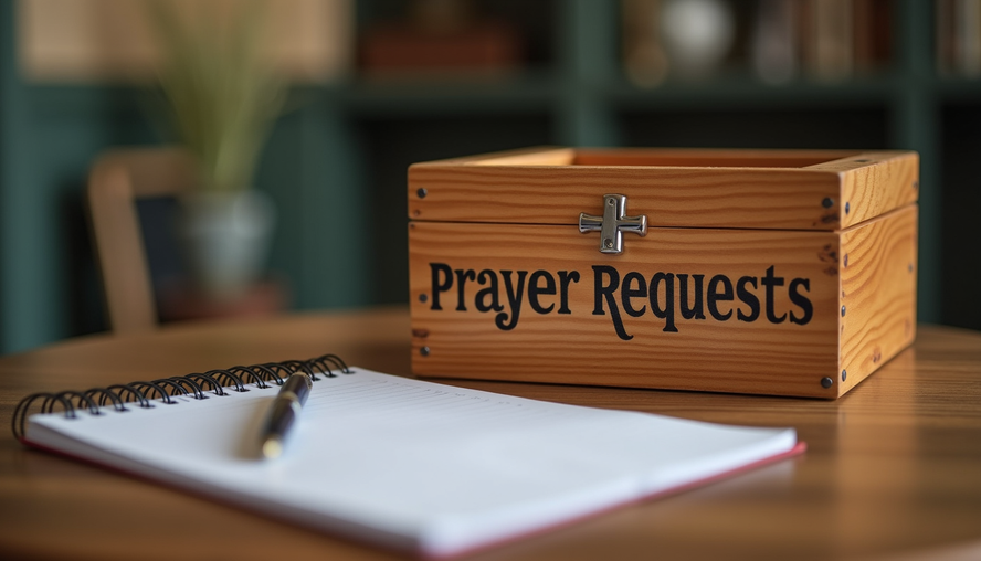 Close-up of a small wooden box labeled 'Prayer Requests' on a table with a notebook and pen