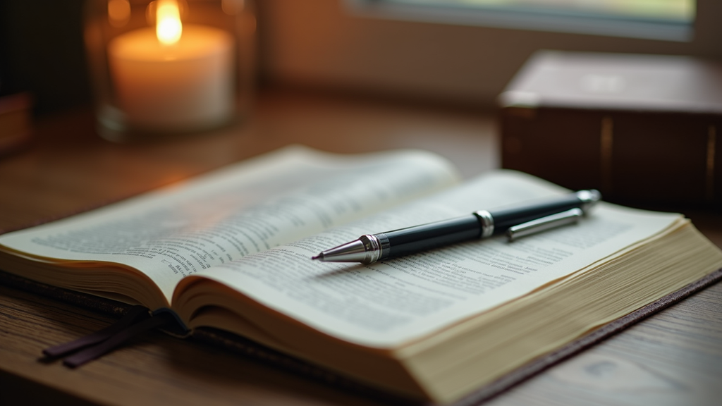 Close-up of a journal and pen beside a Bible on a cozy desk