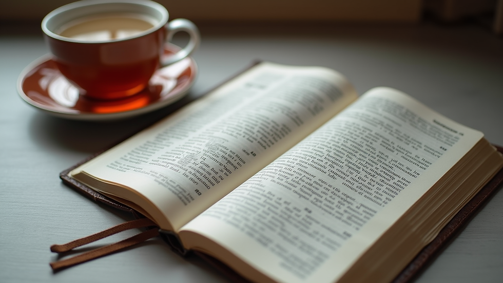 Close-up view of a Bible with highlighted verses and a cup of tea nearby