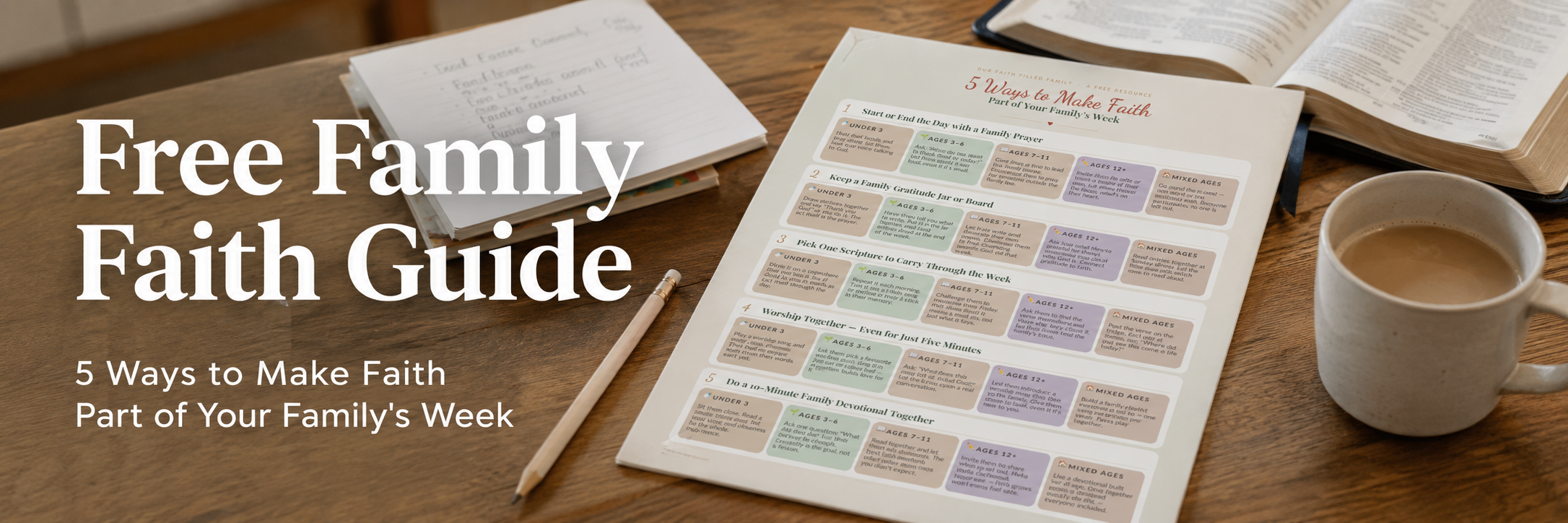 Tabletop with open Bible, notebook, pencil and coffee beside a Free Family Faith Guide: 5 Ways to Make Faith Part of Your Family's Week