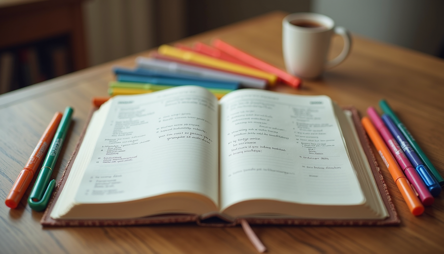 High angle view of a family journal open on a table with handwritten prayers and colorful markers