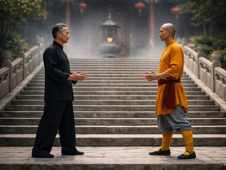 Zwei Kung-Fu-Meister stehen sich auf einer steinernen Tempeltreppe gegenüber: links ein in Schwarz gekleideter Wing-Chun-Praktizierender, rechts ein Shaolin-Mönch in orangefarbener Robe – Sinnbild zweier Wege der Selbstverteidigung aus gemeinsamer chinesischer Tradition.