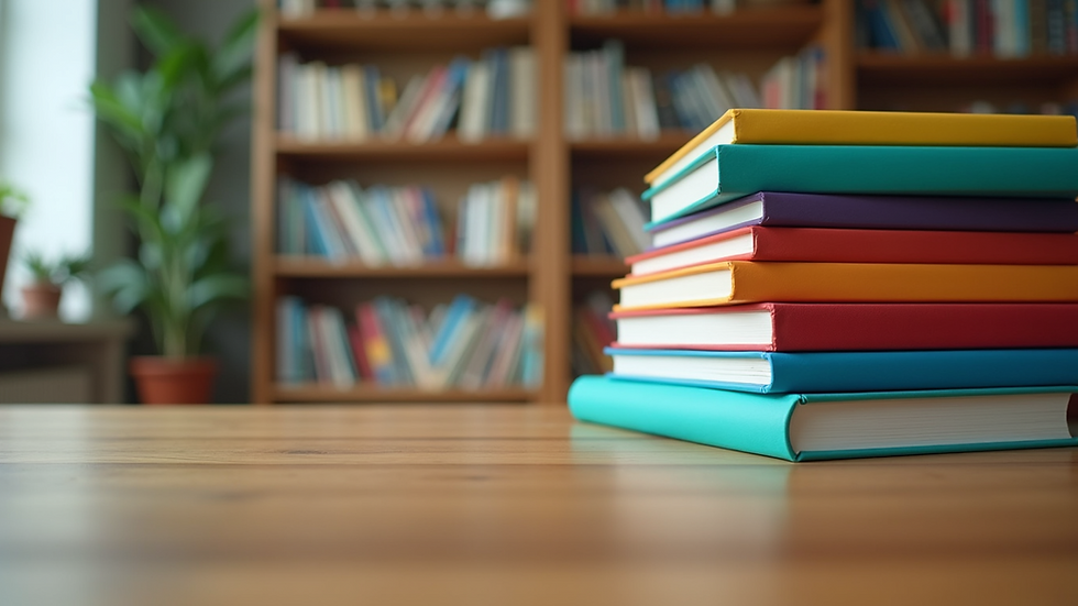Eye-level view of colorful educational books stacked on a wooden table