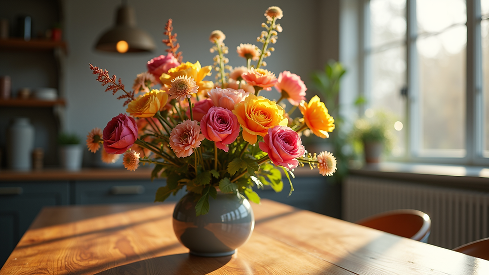 eye-level view of colorful flower arrangement on wooden table