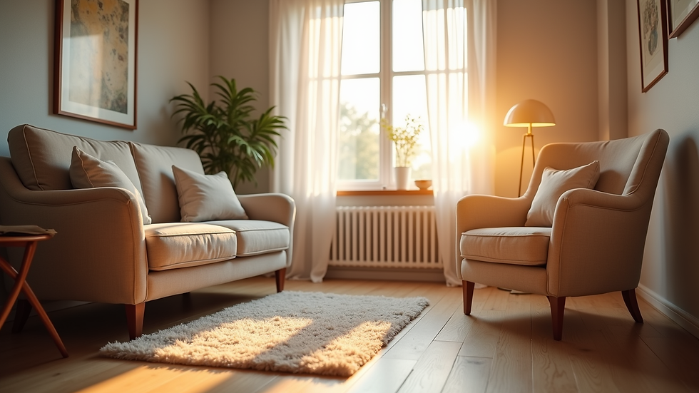 eye-level view of a cozy counseling room with soft lighting