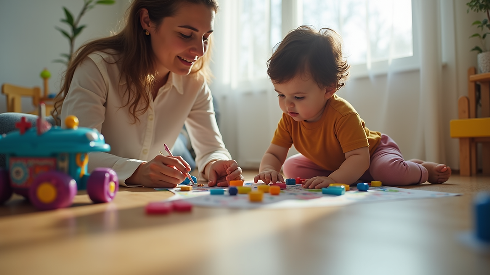 eye-level view of a therapist working with a child using educational toys