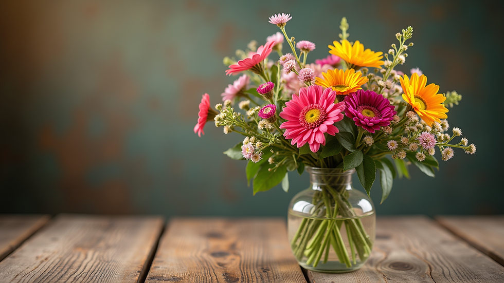 close-up view of colorful flower arrangement on a wooden table
