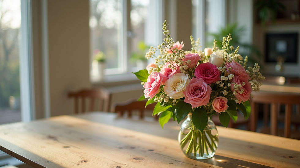 close-up view of a bouquet of fresh flowers on a wooden table