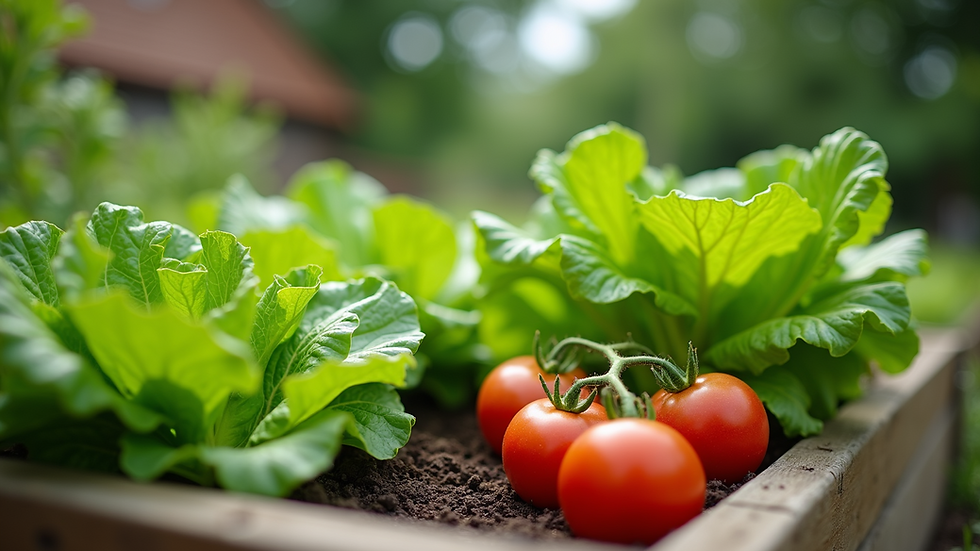 Eye-level view of a raised garden bed filled with healthy green lettuce and tomatoes