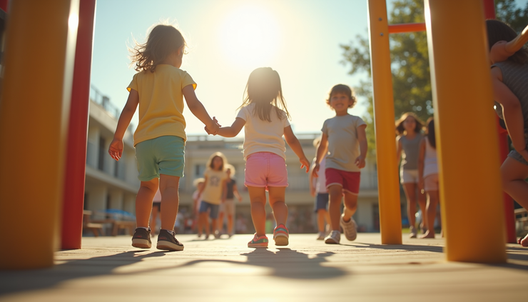 Vista a nivel de ojo de un parque infantil con niños jugando al aire libre en un día soleado