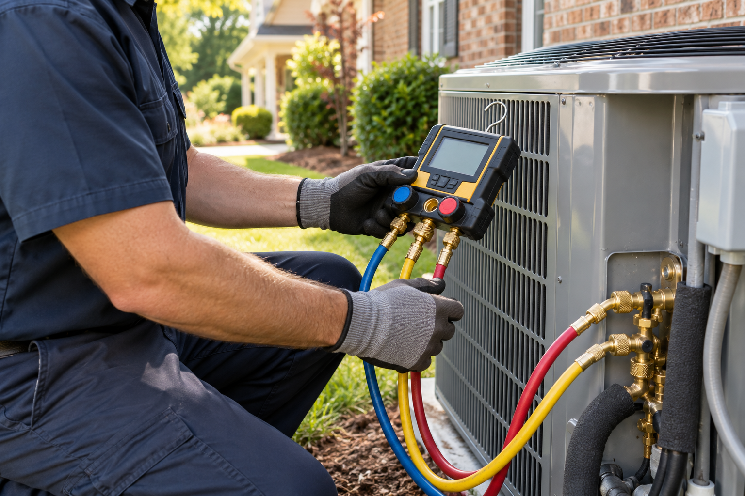 HVAC technician checking AC refrigerant pressures – AC maintenance in Auburn, AL