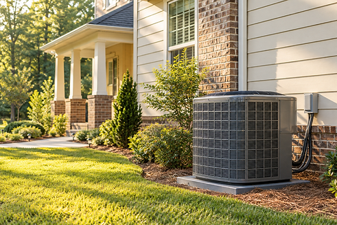 Illustrative residential air conditioning condenser beside a home