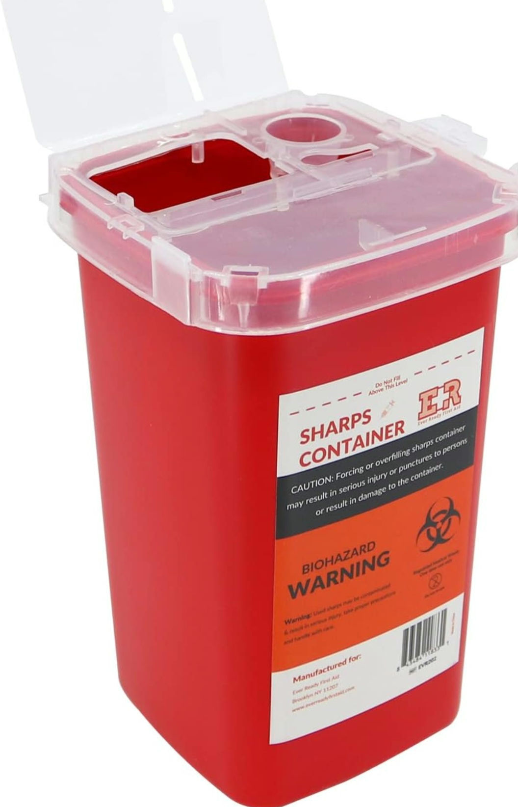 Ever Ready First Aid Sharps Container with Split Lid Design and Locking Mechanis