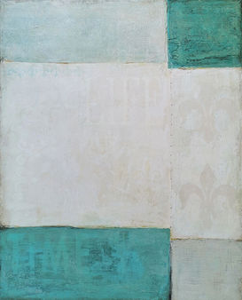Abstraktes Bild in Weiß und Türkis mit blockhafter Aufteilung.