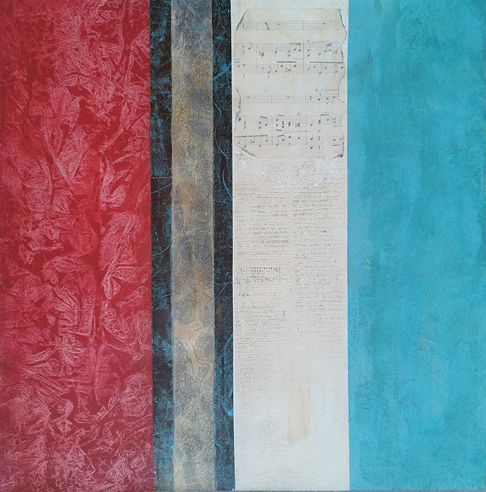 Abstrakte Kunst mit Rot, Türkis und strukturierten Farbflächen