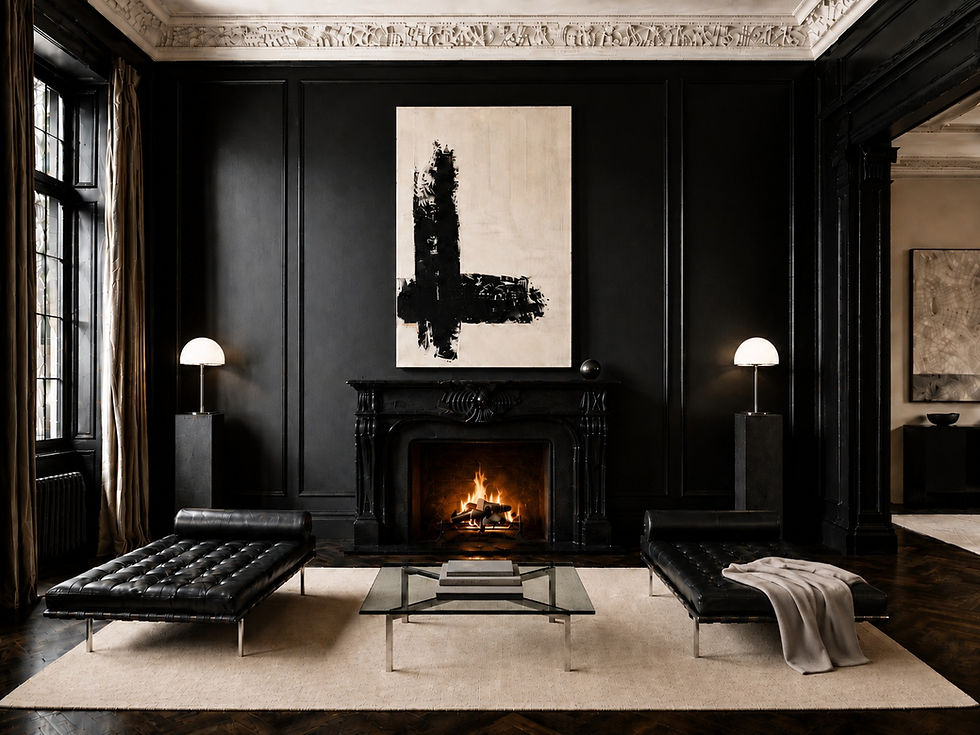 Leise abstrakte Kunst in einem eleganten schwarzen Raum mit Kamin, Barcelona-Liegen und klassischer Architektur