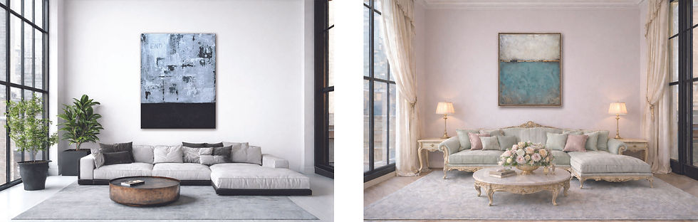 Zwei Wohnzimmer im Vergleich: modernes, reduziertes Interieur und klassisch eingerichteter Raum mit Kunst, unterschiedliche Atmosphäre und Raumwirkung
