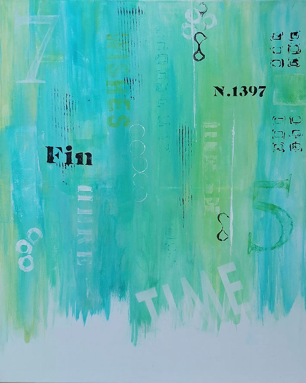 Kunst im Raum – Mixed Media Werk mit transparenten Farbschichten und Schriftfragmenten in Türkis- und Grüntönen