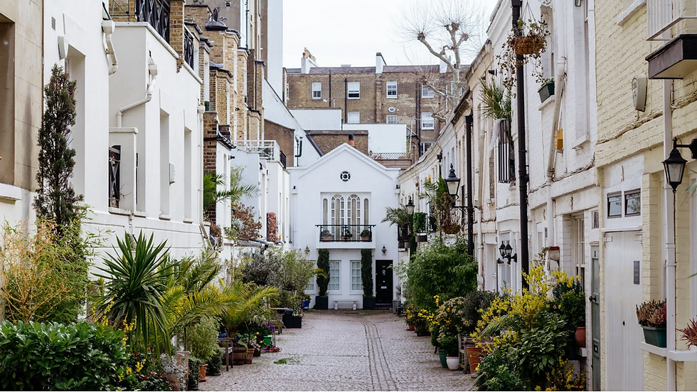 Pretty mews street with cobbled street and plants either side