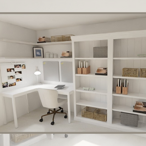A corner desk and bookcase area