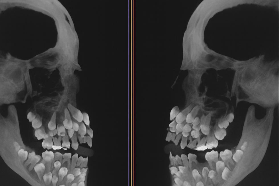 Radiografía lateral del cráneo de una niña que presenta 81 dientes en total, mostrando múltiples piezas supernumerarias impactadas en maxilar y mandíbula. Caso extremo de hiperdoncia múltiple, útil para estudios clínicos y educativos en odontología.