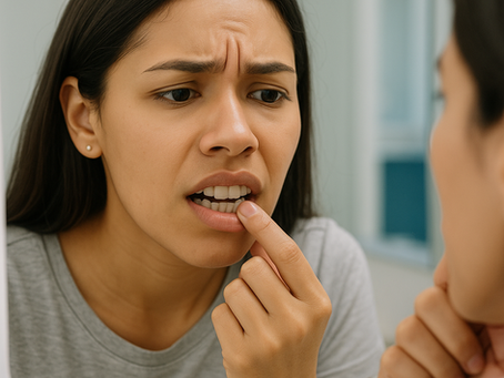 una joven paciente latina durante una evaluación dental, mostrando preocupación por un diente flojo. Imagen tomada en una clínica moderna en Santo Domingo, República Dominicana, representando los síntomas de movilidad dental y la necesidad de atención profesional con una odontóloga especializada. Dra. Sabrinsky flores dentista en santo domingo