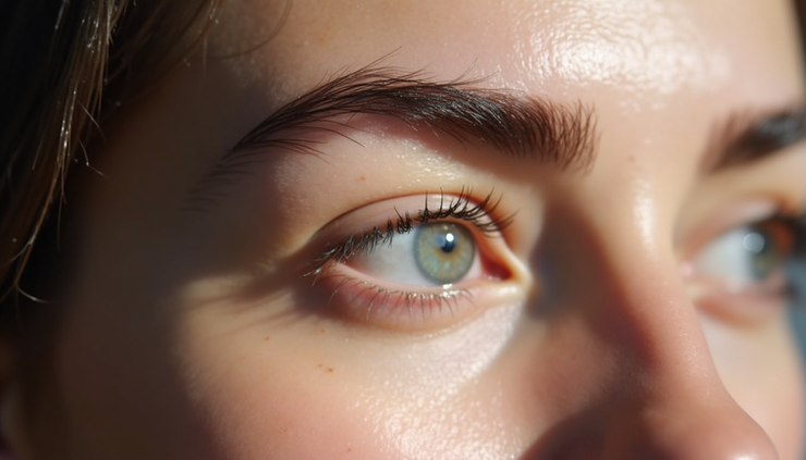 Close-up view of freshly microbladed eyebrow showing fine hair strokes