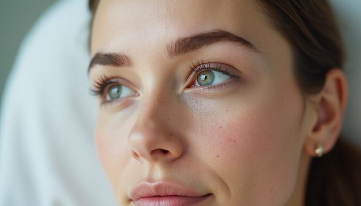 Close-up view of smooth skin on a woman's forehead after wrinkle relaxing treatment
