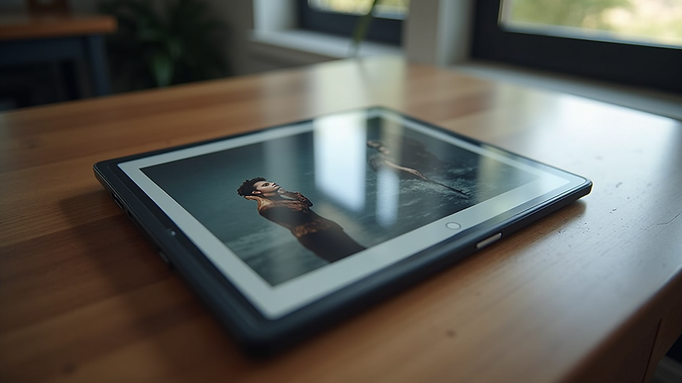 Close-up view of a photography portfolio displayed on a sleek tablet
