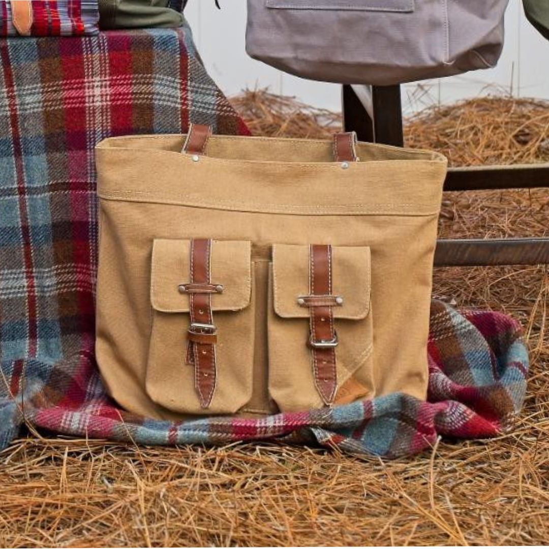 Monica Tote - Rugged Canvas with Leather Buckle Straps and Dual Front Pockets