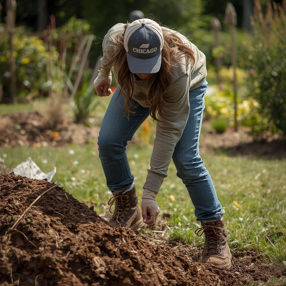 a medium built white woman with brown hair, a chicago baseball cap and work boots mulching