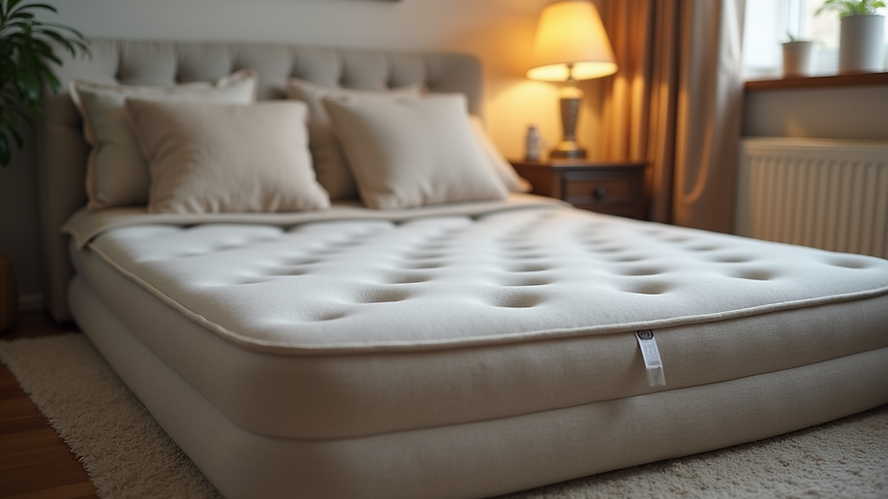 Eye level view of an inflatable mattress in a cozy living space