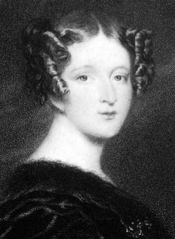 A black and white etching of a young, pale woman turning to her right to face the viewer. She wears fashionable regency ringlets in her hair, and her black dress is lacking in any notable detail.