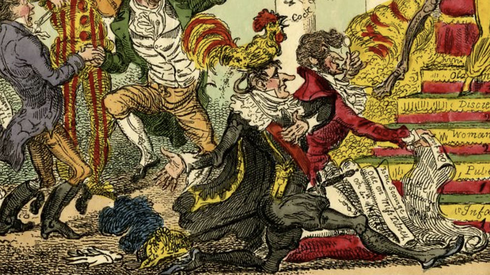 A detail of a hand coloured etching. In the foreground is a man in black, down on one knee, with the other leg extended in front of him. He wears elizabethan style breeches, and a flowing cloak trimmed with gold. His collar and cuffs are of lace, but he wears a fashionable regency cravat. A gold hat trimmed with blue feathers, and a pair of white gloves, are discarded behind him. On his head is a crowing cockerel. He is a caricature of Coates. Towards the background is a man in a red coat, and behind him two men are dancing. They're kneeling in front of some red and gold steps.