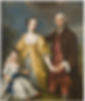 A portrait of a couple with a child. The man stands on the right hand side, in pink silk breeches and a matching pink silk waistcoat, with a brown coat over the top. He wears tightly curled hair or a wig, powdered white. His wife is on the left, in a loose yellow silk gown - likely inspired by classical antiquity, and not day-to-day wear. It is open over a fitted pale blue dress. Her hair is dark brown, and she looks towards the man, who is looking out at the viewer. I has his right arm around her, with his hand resting on her right shoulder. Her left hand reaches towards his left hand, while her right hand rests on the right shoulder of the child. The child is in a fitted white dress with a wide blue sash around their waist and a white overgown loosely open. They have brown hair in a puddingbowl haircut and are looking straight at the viewer. Between this and the fact that they're holding a whip, they're likely a boy.