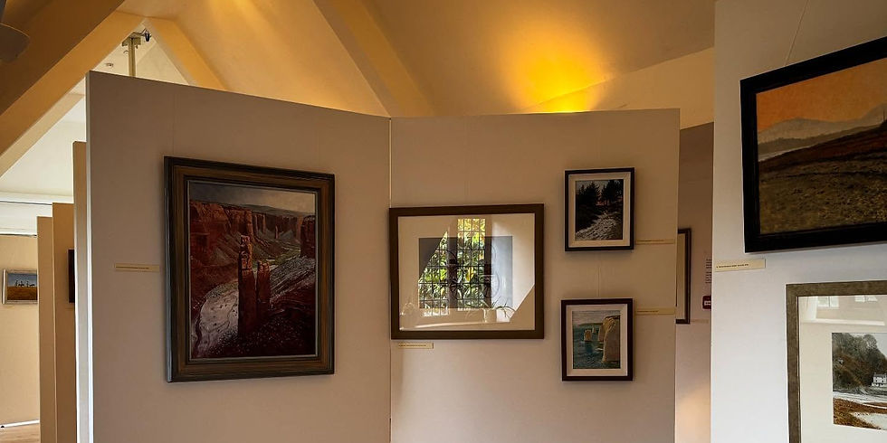 Another view of the East Wing gallery showing the white room dividers with various paintings shown on them.