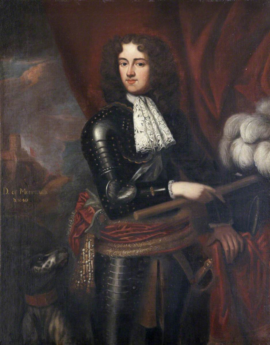 A painting of a young man with very dark hair in armour. He has a lace cravat on, and a red silk sash trimmed with gold around his waist. His helmet, which he carries to one side, is covered in ostrich feathers. The background shows a stormy sky and a castle on a hill, half hidden by a red curtain