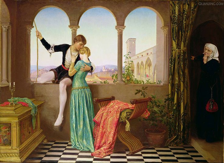 Painting of Romeo saying goodbye to Juliet while half climbing out of the window. He wears black and white, with a red belt, and has one leg out of the window. Juliet is in a blue-green dress with gold sleeves, her hair up in two plaited buns on either side of her head. She has her face buried in Romeo's neck, and he has one arm around her. The room has a black and white tiled floor, and on the left hand side is a gold painted casket with discarded cloths and a candlestick on it. A savanarola chair is in the centre of the room, with a green and gold tasselled cushion on it and a red and gold damask garment thrown over it. The window Romeo is climbing out of has three arches and no glass in it. The city can be seen through it. On the right hand side of the painting, behind a damask curtain that shuts off another room, the nurse can be seen in black with a white headdress, eavesdropping on the lovers.