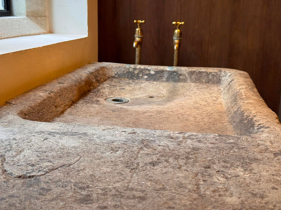 A view of a shallow stone sink, looking towards the taps at one end. On the left, light shines in from a window. The plug is near the middle of the side closest to the window.