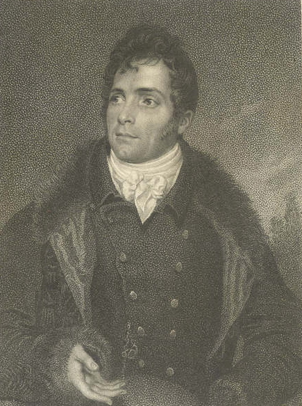 A black and white etching of a young man with fashionably tousled regency hair. He is facing towards the viewer but looking slightly to his right. His overcoat has a fur collar and cuffs, and is worn over a dark double breasted coat. He wears a white cravat.