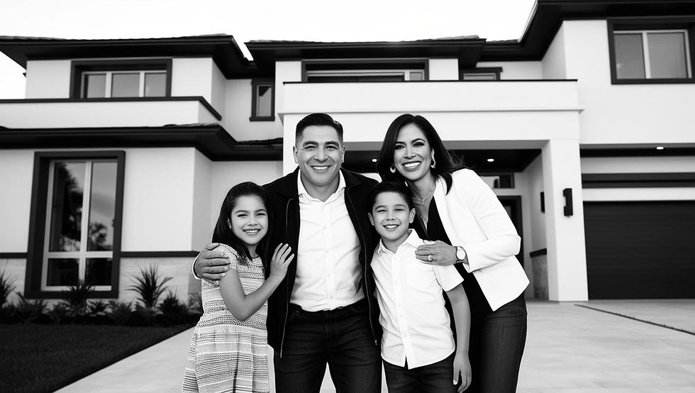 Uma foto de uma casa moderna e de alto padrão e uma família (pai, esposa, 2 filhos) em frente a casa, destacando a ideia de união, felicidade, proteção e apoio mútuo dentro do núcleo familiar.