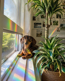 Arc-en-ciel dans un appartement, sticker suncatcher reflet arc-en-ciel avec teckel