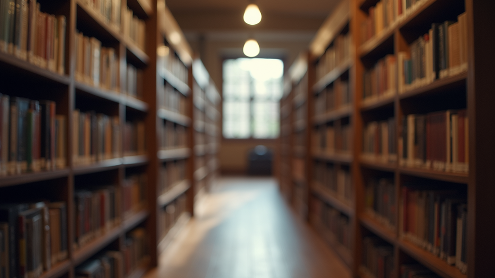 Eye-level view of a serene library filled with philosophical books