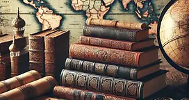 DALL·E 2025-03-15 16.08.37 - A collection of ancient books and scrolls resting on a wooden
